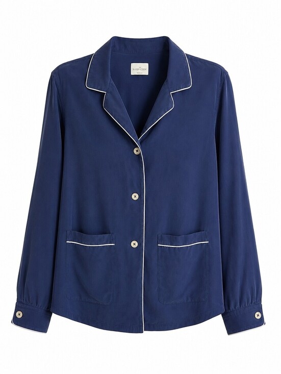 Other - The Sleep Code 100% Silk Pajama Top Blue Contrast Trim Button Front Sleep Shirt